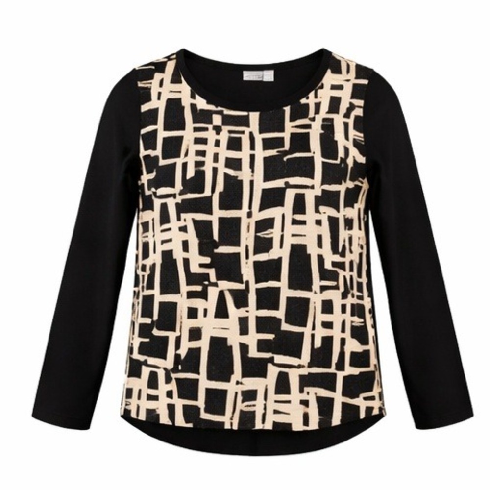 Chico's 2 Black Tan Geometric Print‎ Long Sleeve Scoop Neck Blouse Top Large - Picture 3 of 9
